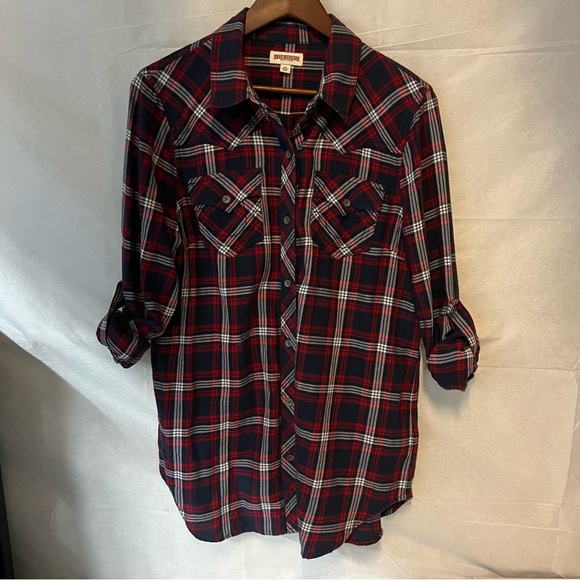 True Religion Collared Western Pocket Red Blue Plaid button up women Shirt large - Picture 15 of 16